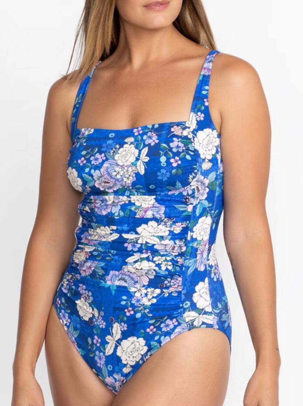 JOHNNY WAS Women's Swimsuit Size XL Blue Dove Ruched One Piece Swimwear